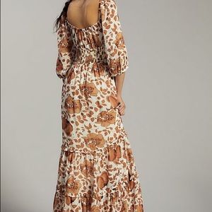 Anthropologie Maxi Dress Floral Knot Bust Cutout Tiered Cream Brown 1X